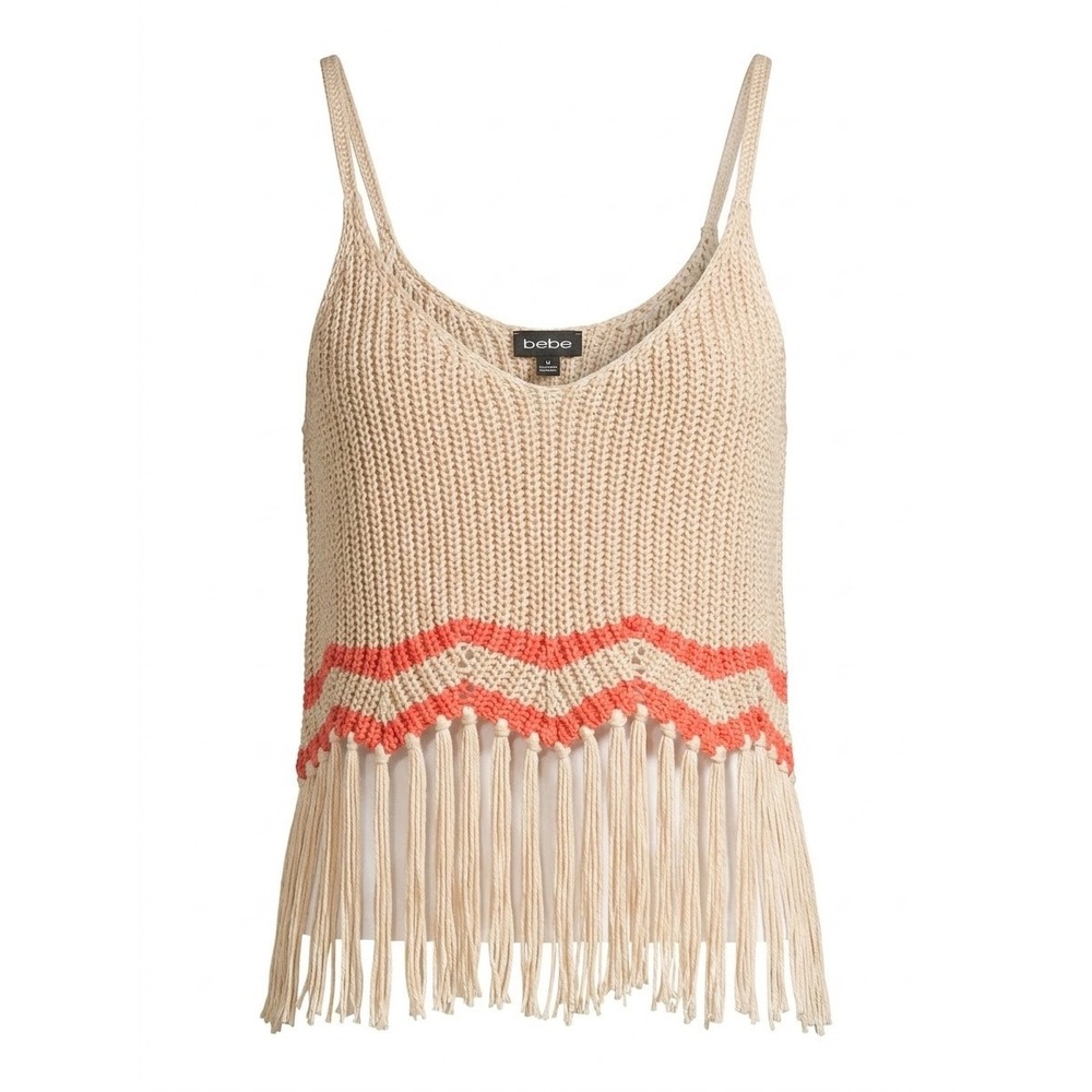 Bebe Knit Fringe Tank Top Women Medium Beige Orange Chevron Boho